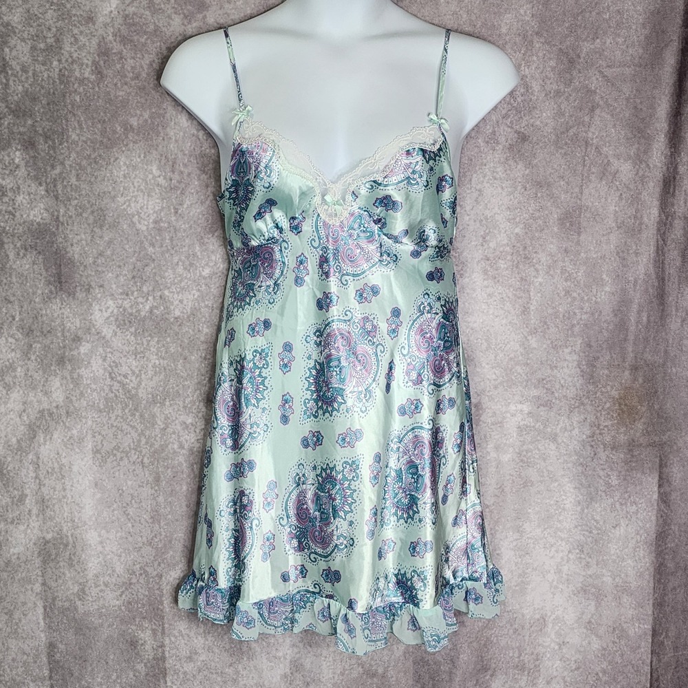 Y2K Satin Paisley Chemise Nightgown Size Large Green Lace Trim Ruffle Slip Dress